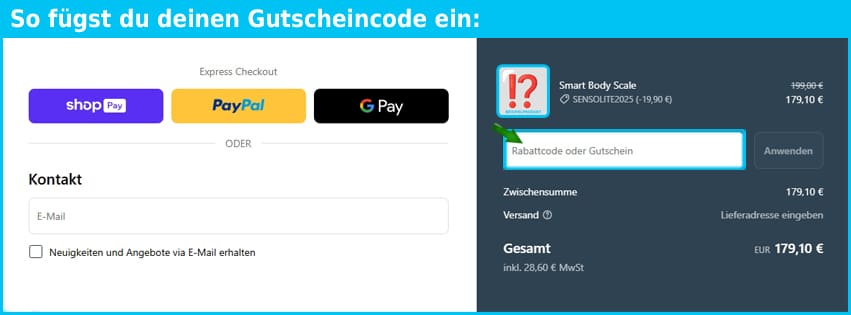 sensolite Gutschein einfuegen und sparen blau