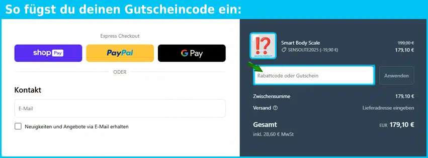 sensolite Gutschein einfuegen und sparen blau