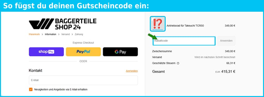 baggerteileshop24 Gutschein einfuegen und sparen blau