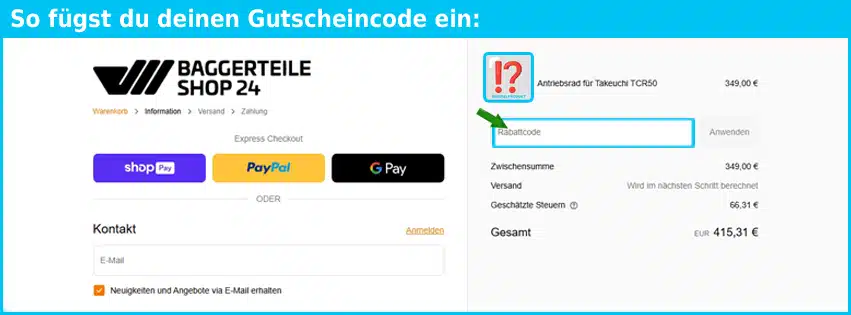 baggerteileshop24 Gutschein einfuegen und sparen blau