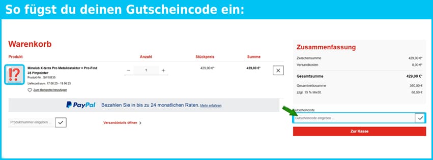 minelab Gutschein einfuegen und sparen blau