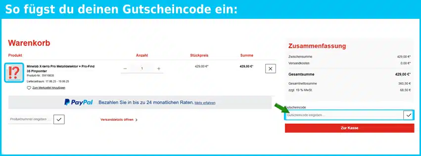 minelab Gutschein einfuegen und sparen blau