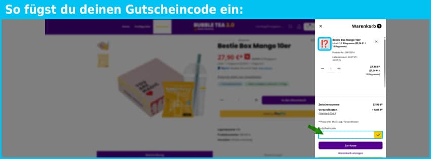 bubbletea-x Gutschein einfuegen und sparen blau