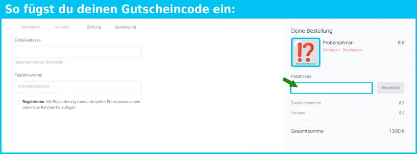framky Gutschein einfuegen und sparen blau