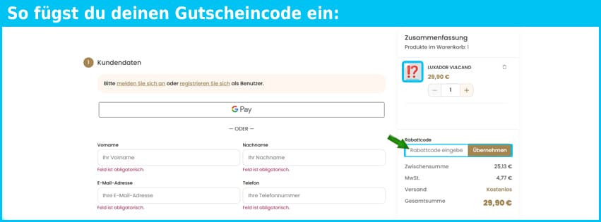 luxador Gutschein einfuegen und sparen blau