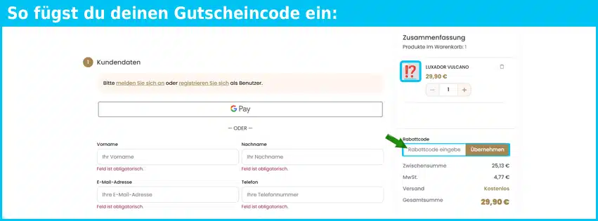 luxador Gutschein einfuegen und sparen blau