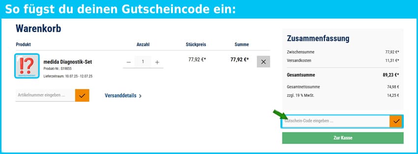 medida Gutschein einfuegen und sparen blau