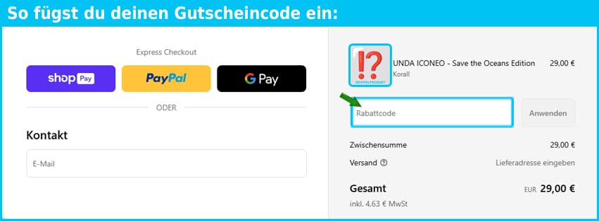 unda Gutschein einfuegen und sparen blau