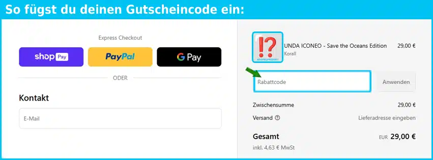 unda Gutschein einfuegen und sparen blau
