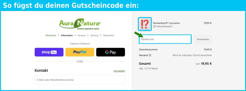 auranatura Gutschein einfuegen und sparen blau