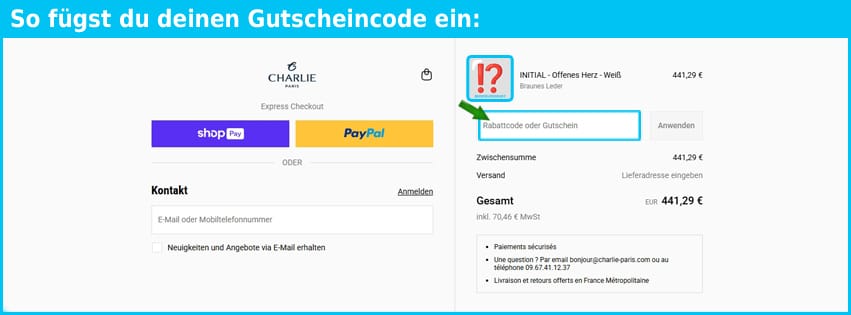 charlie-paris Gutschein einfuegen und sparen blau