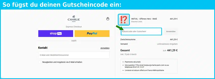 charlie-paris Gutschein einfuegen und sparen blau