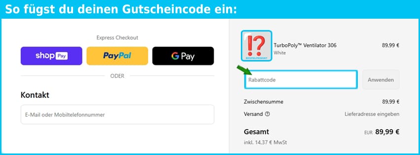 dreo Gutschein einfuegen und sparen blau