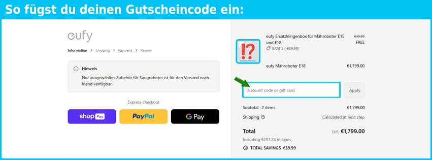 eufy Gutschein einfuegen und sparen blau