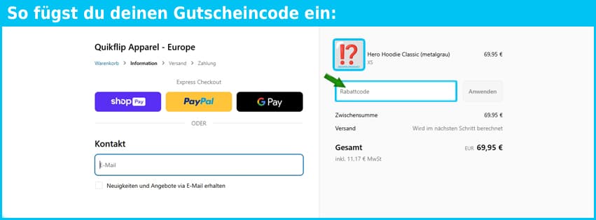 quikflip Gutschein einfuegen und sparen blau