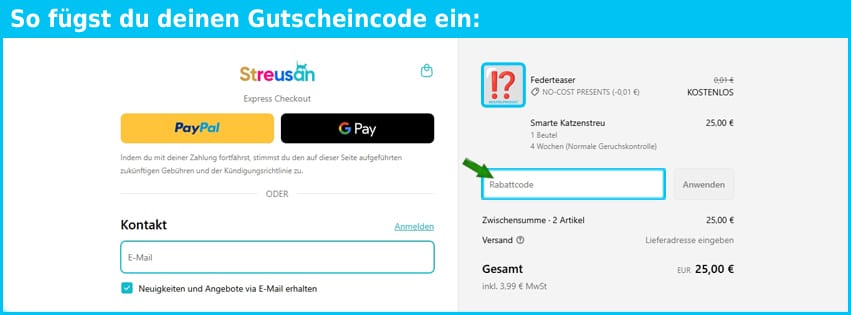 streusan Gutschein einfuegen und sparen blau