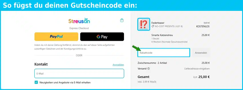 streusan Gutschein einfuegen und sparen blau