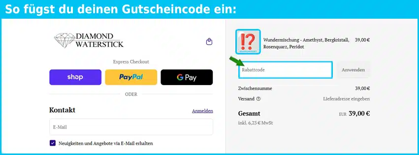 diamond-waterstick Gutschein einfuegen und sparen blau