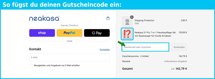 neakasa Gutschein einfuegen und sparen blau