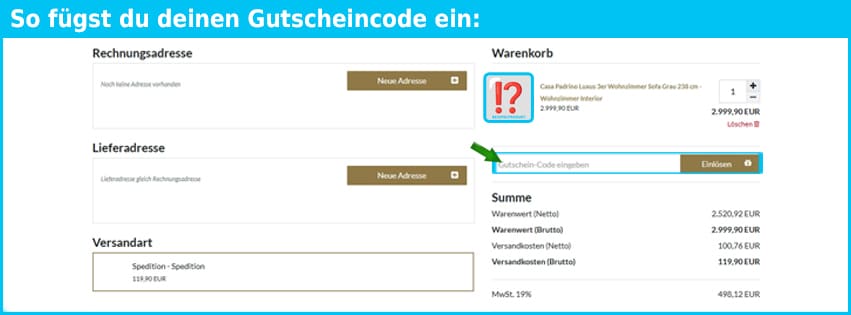casa-padrino Gutschein einfuegen und sparen blau