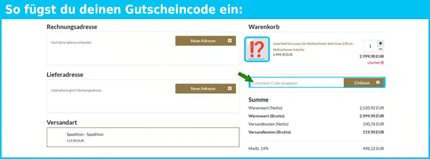 casa-padrino Gutschein einfuegen und sparen blau