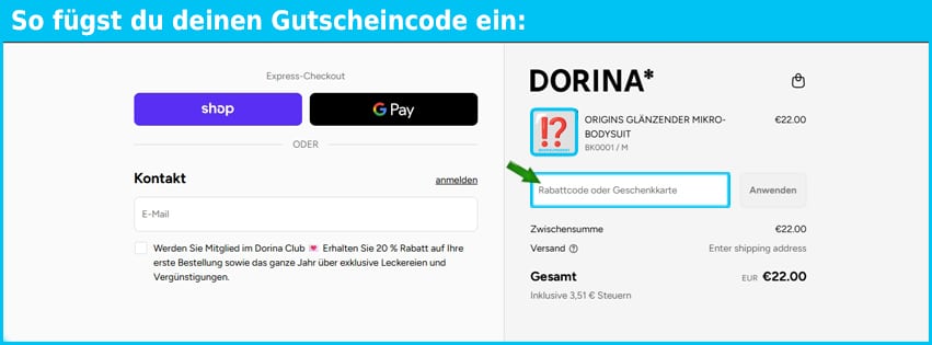 dorina Gutschein einfuegen und sparen blau