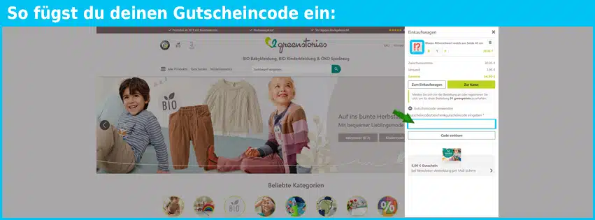 greenstories Gutschein einfuegen und sparen blau