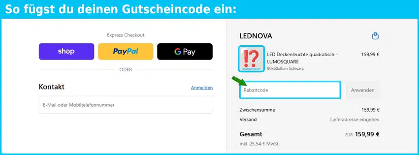 lednova Gutschein einfuegen und sparen blau