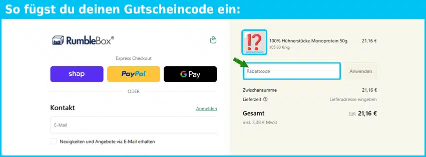 rumble-box Gutschein einfuegen und sparen blau