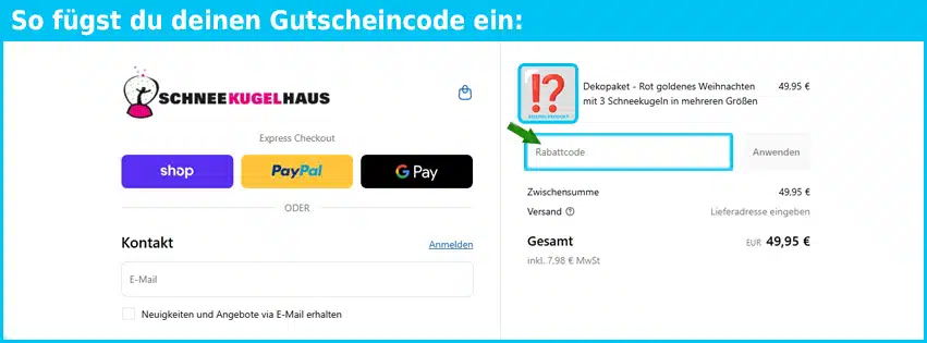 schneekugelhaus Gutschein einfuegen und sparen blau
