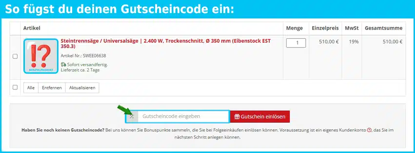 schwan-baushop Gutschein einfuegen und sparen blau