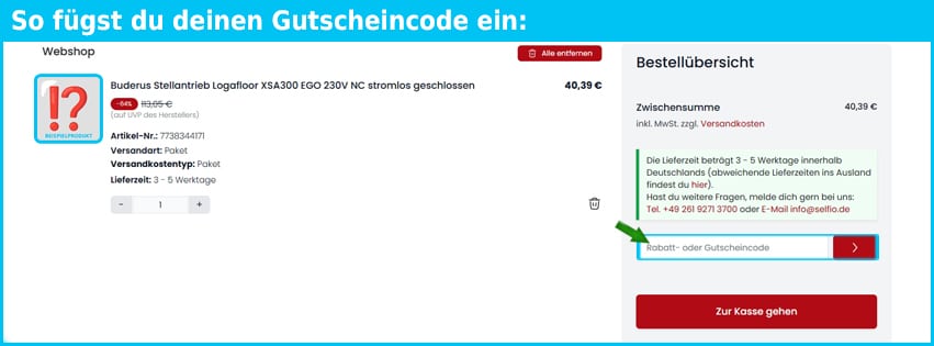 selfio Gutschein einfuegen und sparen blau