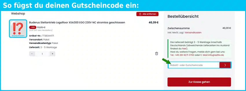 selfio Gutschein einfuegen und sparen blau