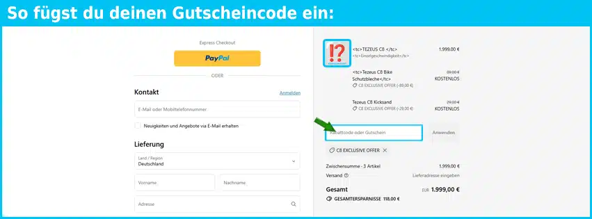 tezeus Gutschein einfuegen und sparen blau