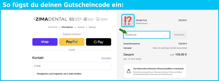 zimadental Gutschein einfuegen und sparen blau