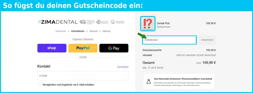 zimadental Gutschein einfuegen und sparen blau