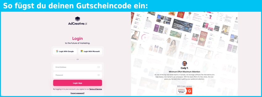 adcreative.ai Gutschein einfuegen und sparen blau