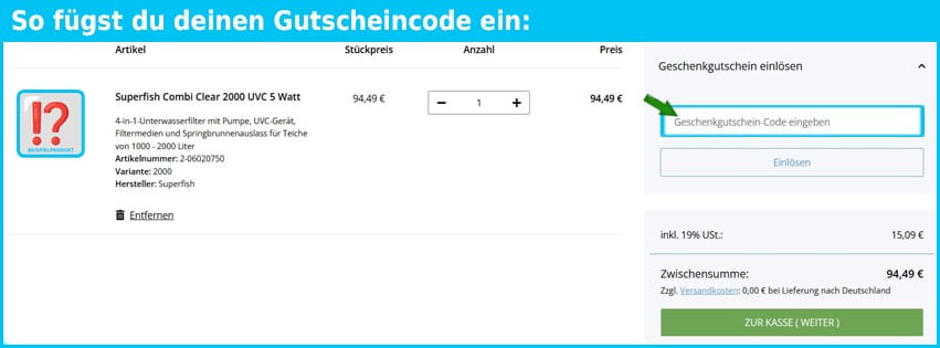 aqua-pond24 Gutschein einfuegen und sparen blau