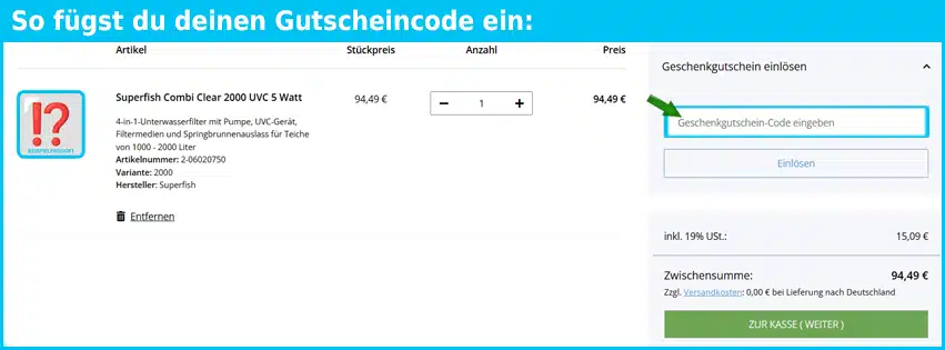 aqua-pond24 Gutschein einfuegen und sparen blau