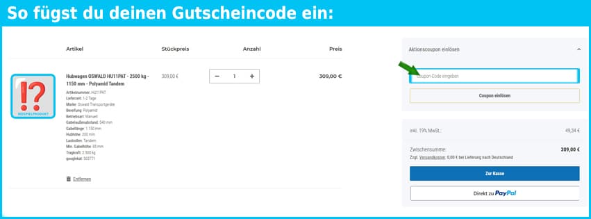 hubwagen.de Gutschein einfuegen und sparen blau