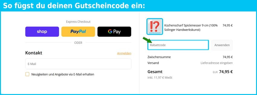 kuechenscharf Gutschein einfuegen und sparen blau