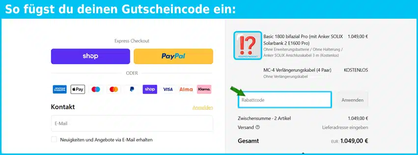 balkonstrom Gutschein einfuegen und sparen blau