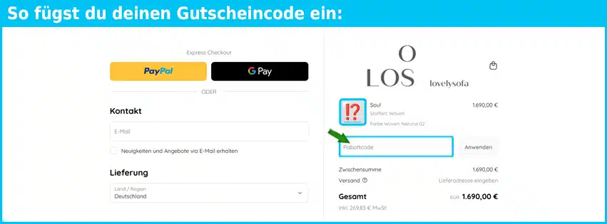 lovelysofa Gutschein einfuegen und sparen blau
