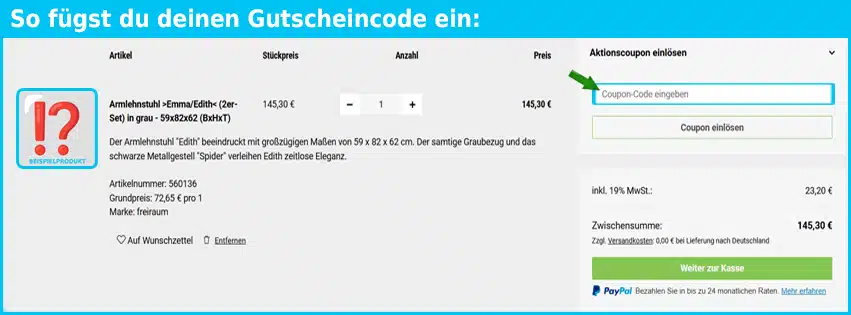 moebelando Gutschein einfuegen und sparen blau