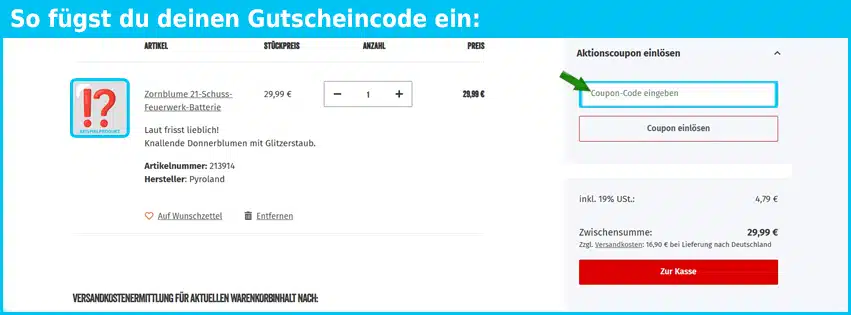 pyroland Gutschein einfuegen und sparen blau