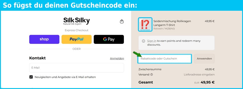 silksilky Gutschein einfuegen und sparen blau