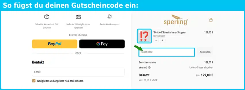 sperling-bags Gutschein einfuegen und sparen blau