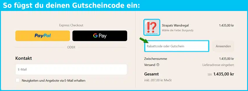 tonnfurniture Gutschein einfuegen und sparen blau