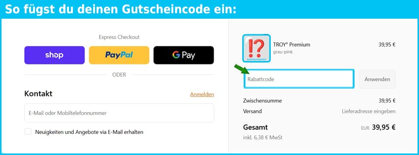 troy Gutschein einfuegen und sparen blau