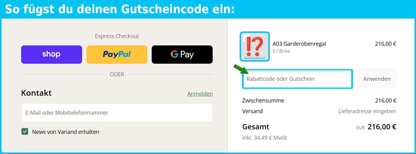 variand Gutschein einfuegen und sparen blau
